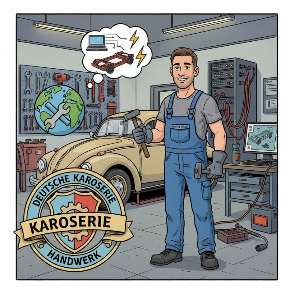 Comic-Darstellung eines Karosseriebaumechanikers mit Richtbank, Messsystem und Fahrzeugkarosserie in der Werkstatt