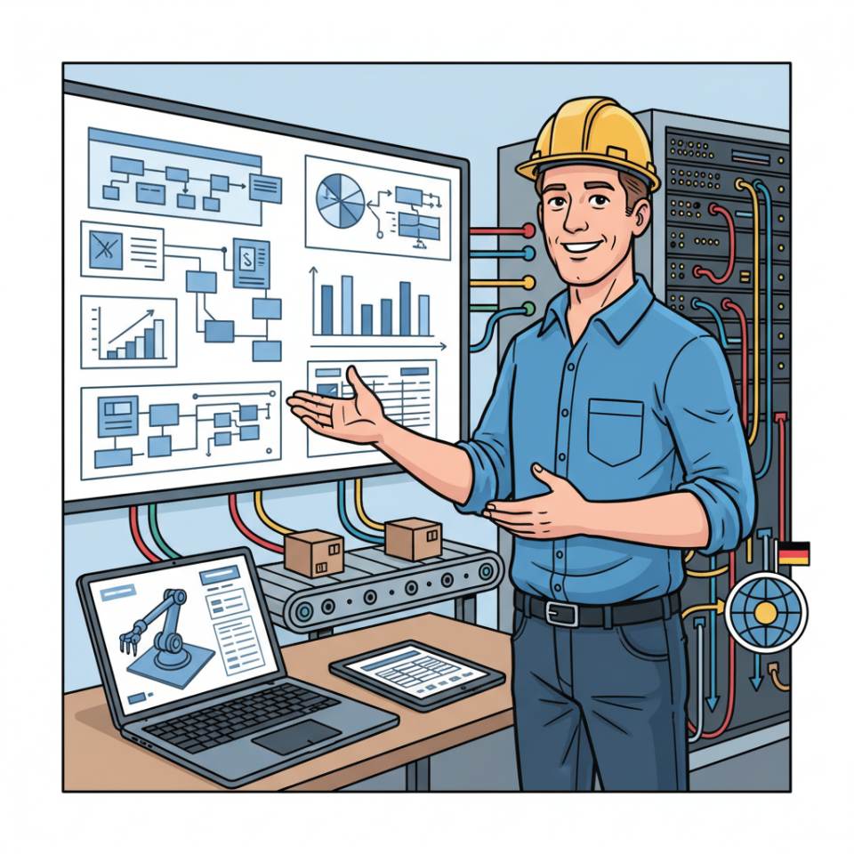 Ilustración cómic de un jefe de producción con tablet y casco dirigiendo una línea de fabricación en la nave industrial