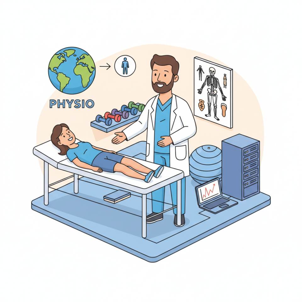 Tedavi masasında hasta tedavi eden bir fizyoterapisti gösteren çizgi roman illüstrasyonu